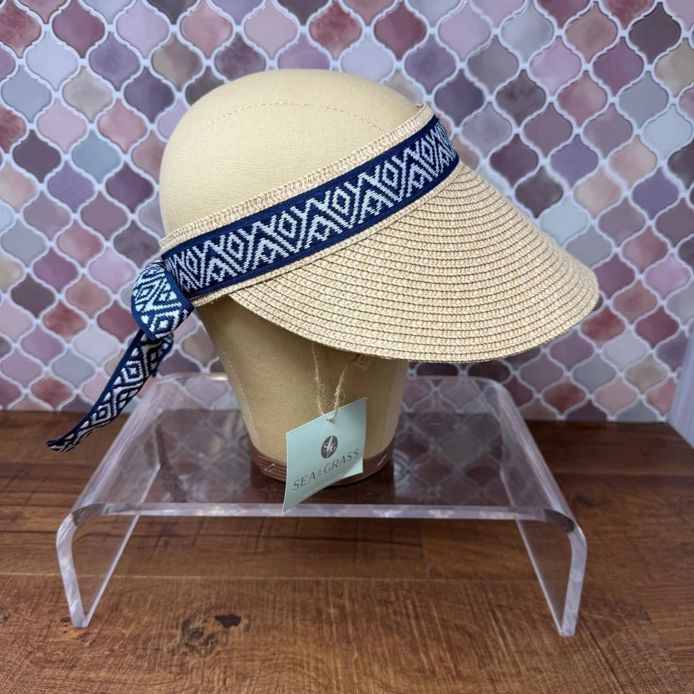 NWT Sea & Grass Straw Visor Navy Blue Geometric Ribbon Tie Back Adjustable